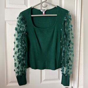 Green Ribbed Top Sheer 3D Floral Mesh Sleeves No Boundaries XL